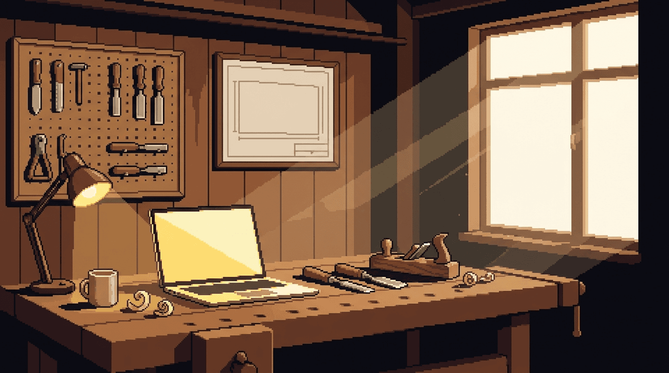 Atelier de menuiserie en pixel-art : un établi en bois éclairé par une lampe, un ordinateur portable dont l'écran rayonne, des outils au mur et une fenêtre baignée de lumière.