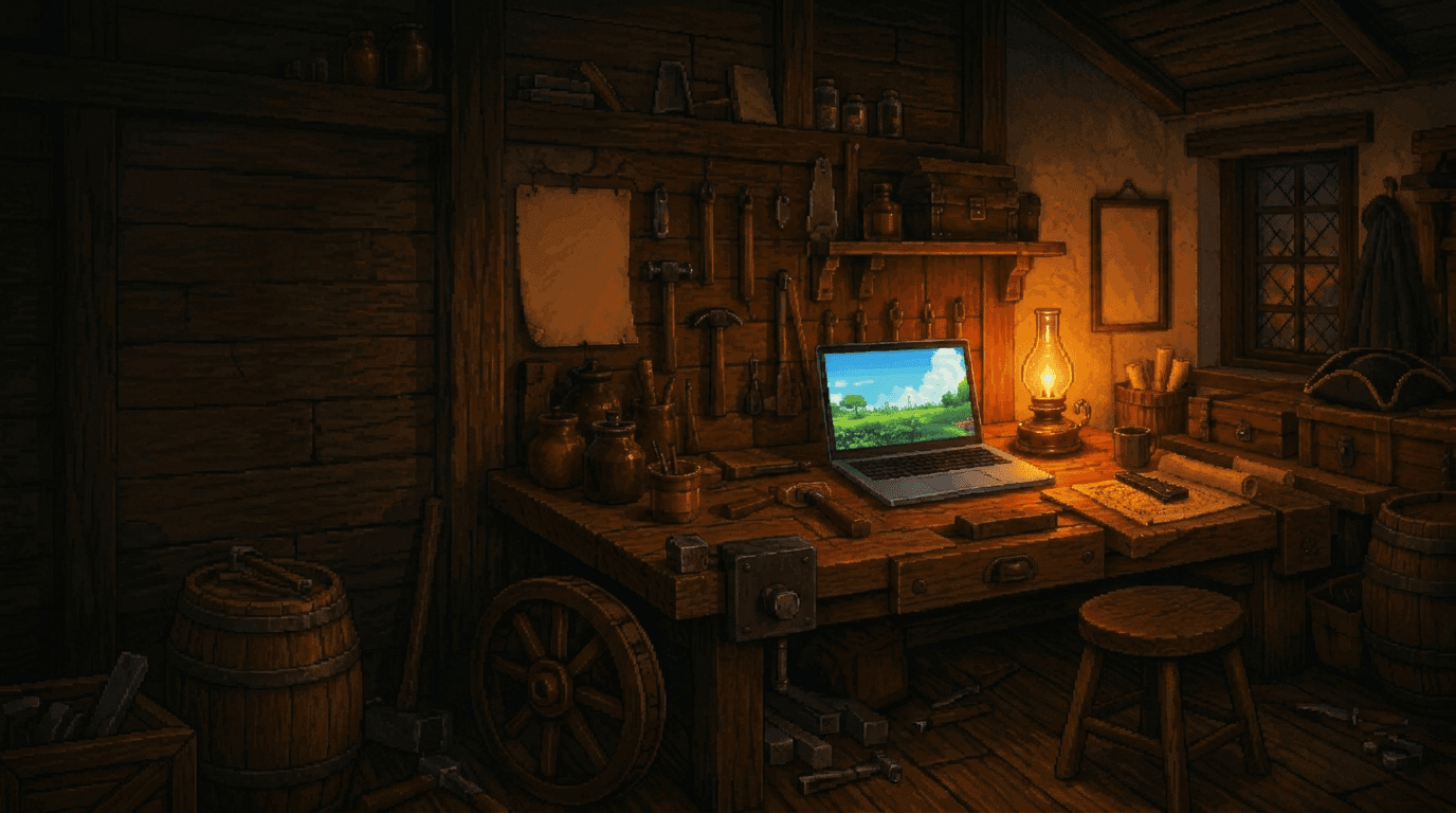 Atelier de menuiserie en pixel-art, ambiance sombre et atmosphérique : un établi en bois éclairé par une lampe à pétrole, un ordinateur portable affichant un paysage, des outils au mur et une fenêtre laissant filtrer la lumière.